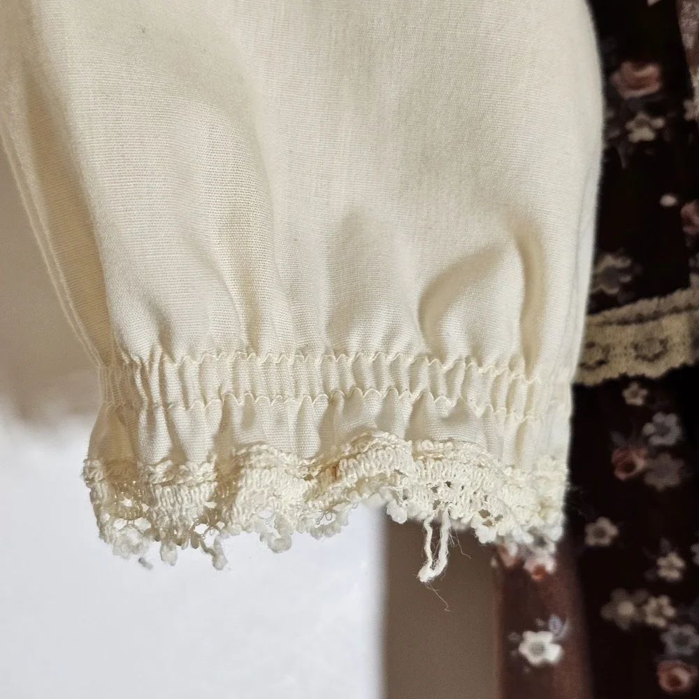 Vintage Dress Girls 6 Brown Floral Ruffle Lace Jumper Style Prairie Cottage Doll